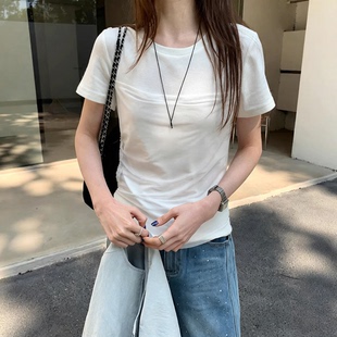 Last 夏掐腰抽褶收腰显瘦正肩短圆领上衣 danse韩系白色T恤女短袖