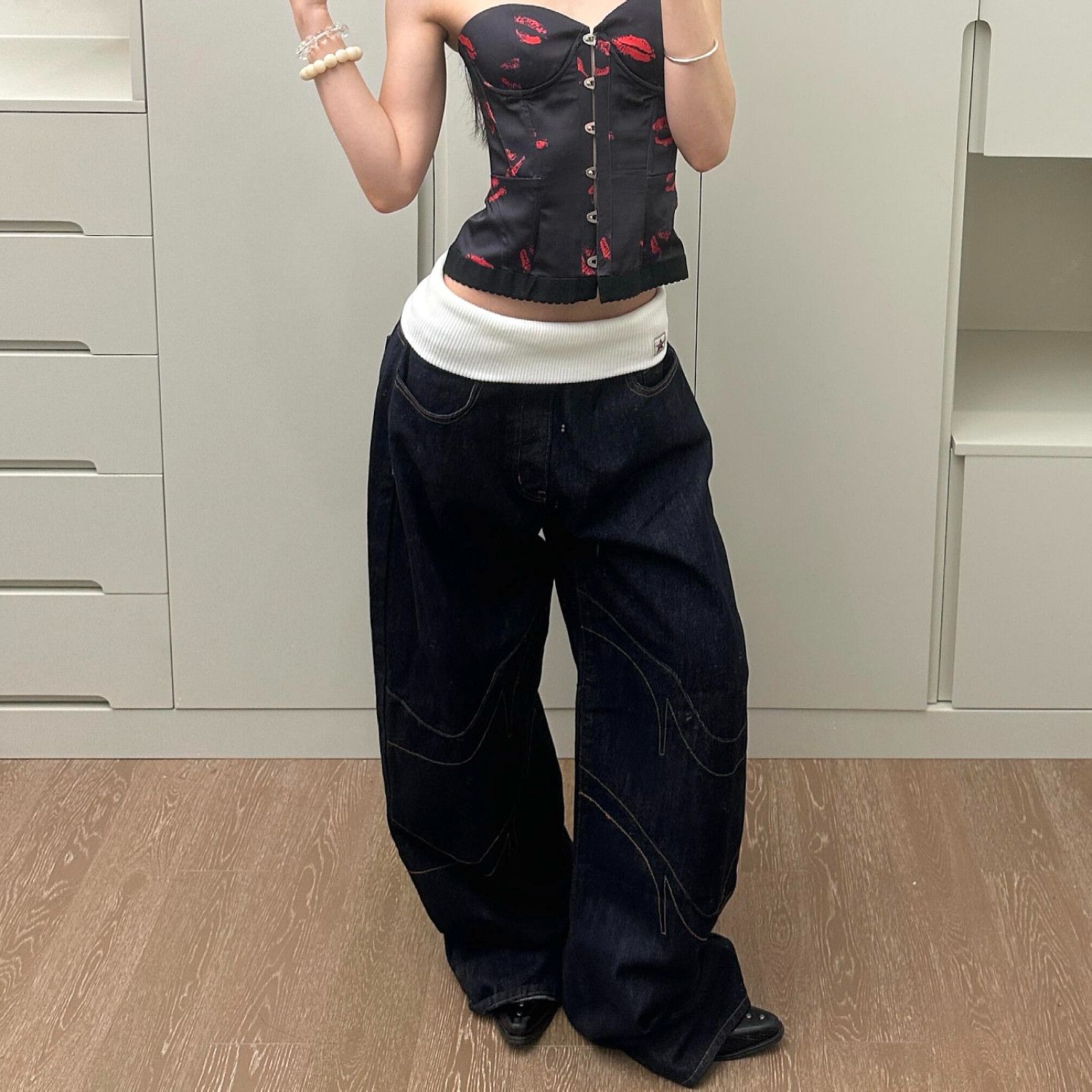 Last danse美式复古牛仔裤女卷边螺纹腰低腰设计感辣妹宽松阔腿裤