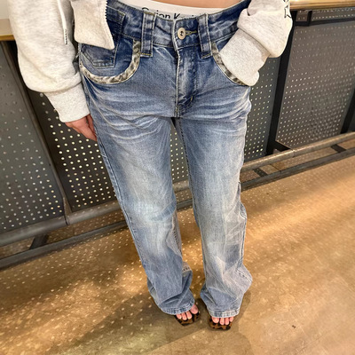 美式豹纹拼接牛仔裤女2026