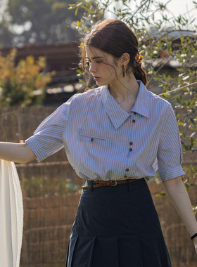 Last danse 法式色织条纹衬衫女短袖夏斜襟领小众薄款设计感衬衫