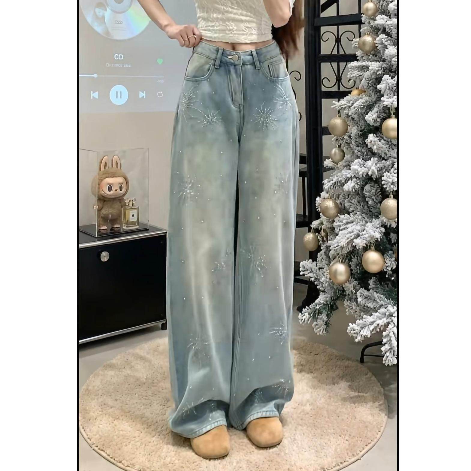 Last danse浅色花朵闪钻牛仔裤女2026新款高腰显瘦垂感阔腿拖地裤,女装/女士精品,牛仔裤,淘宝优惠券,粉丝福利购,淘宝优惠卷