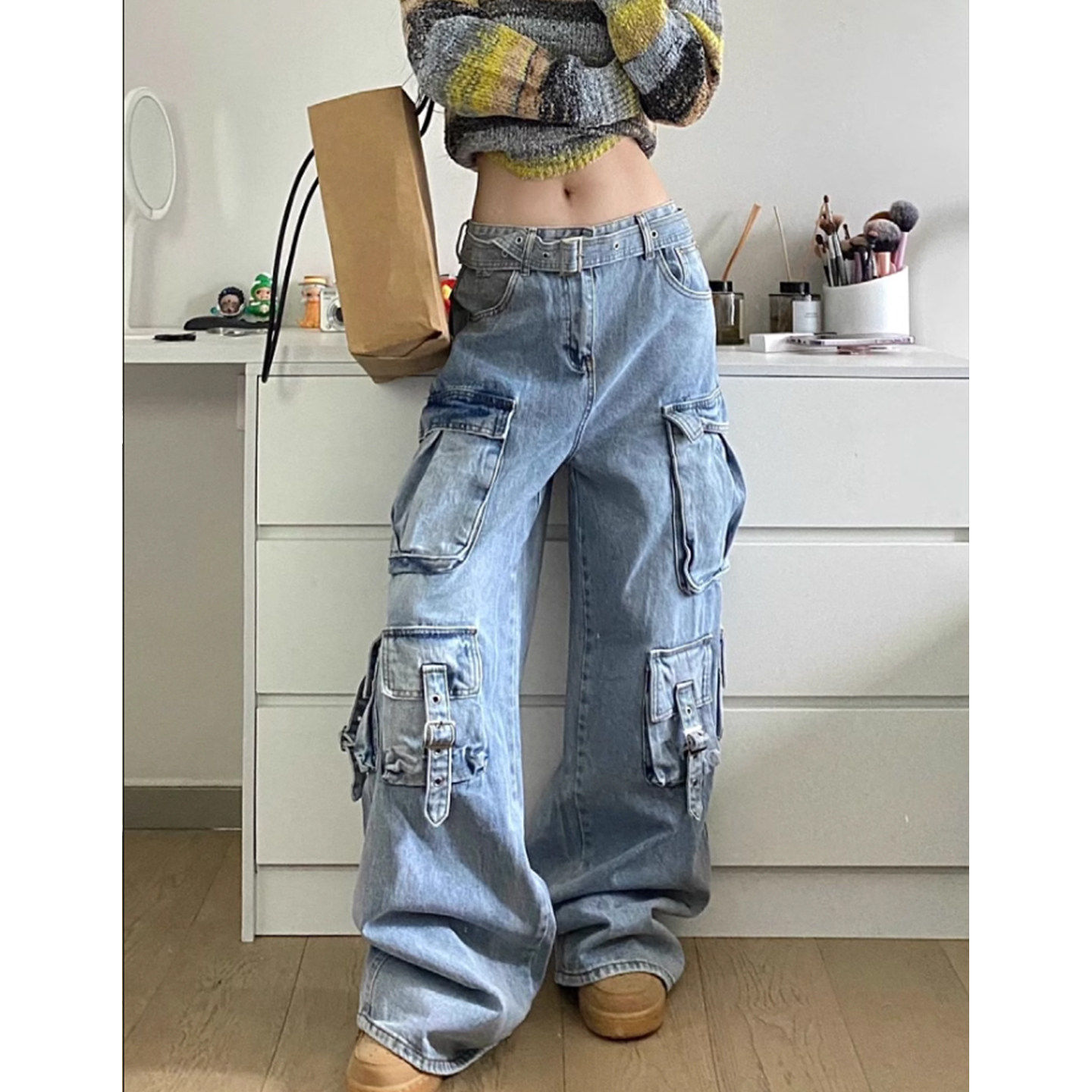 Lastdne美式复古牛仔裤女