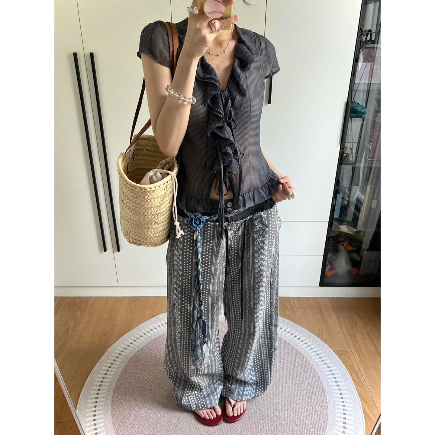 Last danse法式短袖衬衫女蓝格纹荷叶边薄款微透辣妹修身显瘦上衣