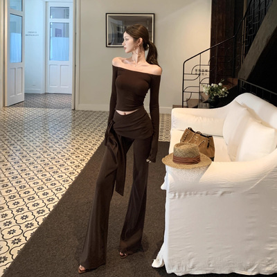 韩系复古一字肩长袖上衣休闲长裤