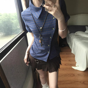夏Polo领正肩斜排扣修身 Last 上衣 女短袖 蓝色格子衬衫 danse 韩式