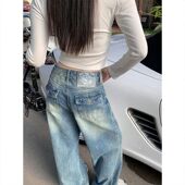 danse美式 蓝色牛仔裤 女2026春新款 Last 水洗刺绣宽松显瘦直筒裤