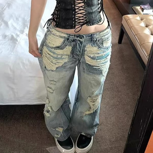 Last danse美式复古低腰破洞牛仔裤女2026新款辣妹高街宽松阔腿裤