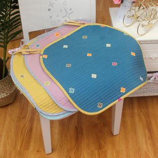 新品全棉马蹄形垫子座垫布艺餐椅田园绗缝椅子有绑带坐垫四季薄款