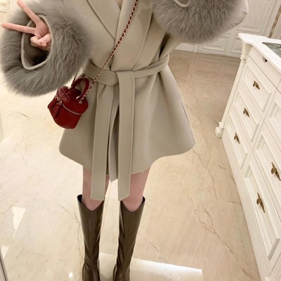 可拆卸仿狐狸毛系带双面绒呢子大衣女2025冬装新款小个子毛呢外套