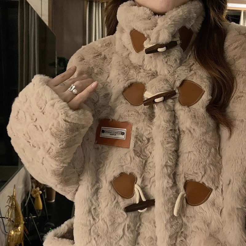 加绒加厚牛角扣毛绒仿羊羔毛外套女冬季保暖皮草美拉德穿搭上衣冬