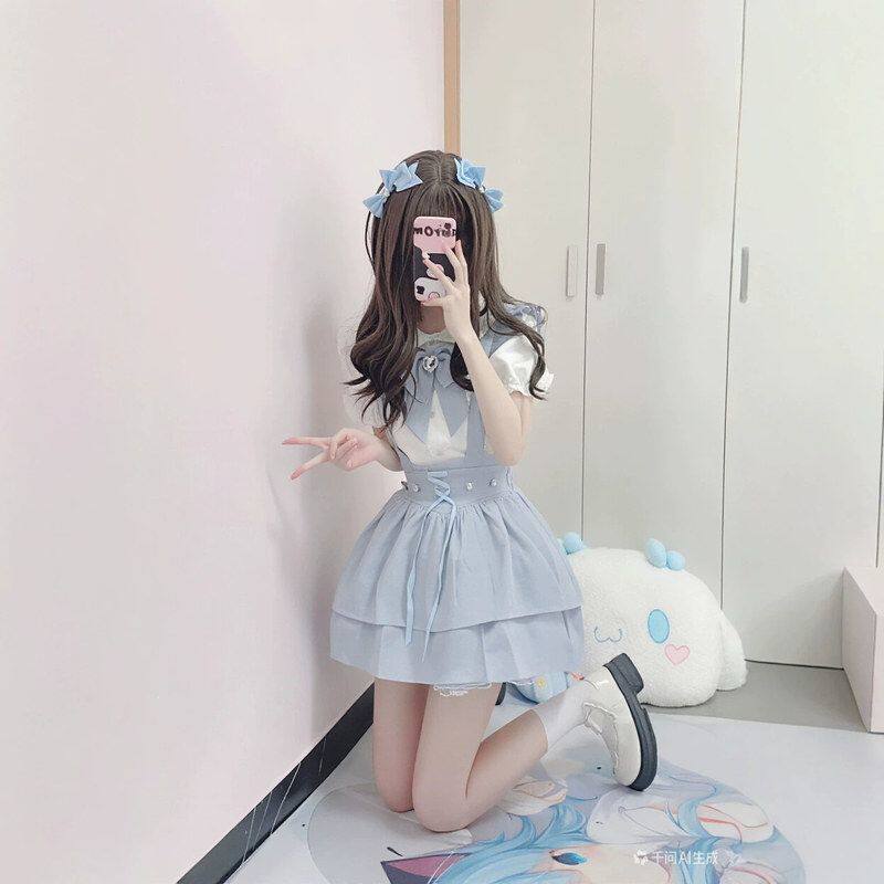铭酒学园水色系统蕾服天使界隈量产型女士蕾丝长袖衬衫裙子套装