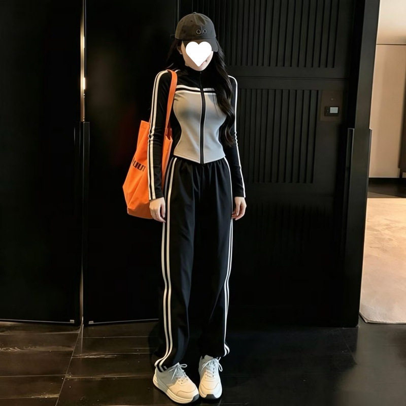 撞色休闲运动套装女春秋修身外套长裤两件套