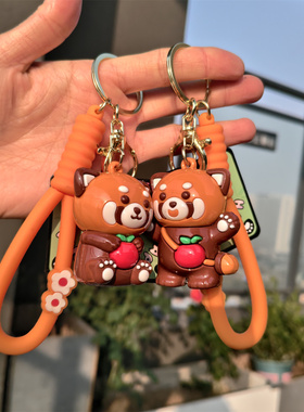 可爱小熊猫苹果钥匙扣橙色包包挂饰创意卡通情侣钥匙链包包挂件女