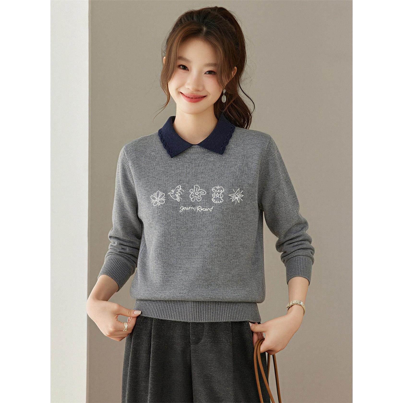 撞色翻领针织衫女秋冬花
