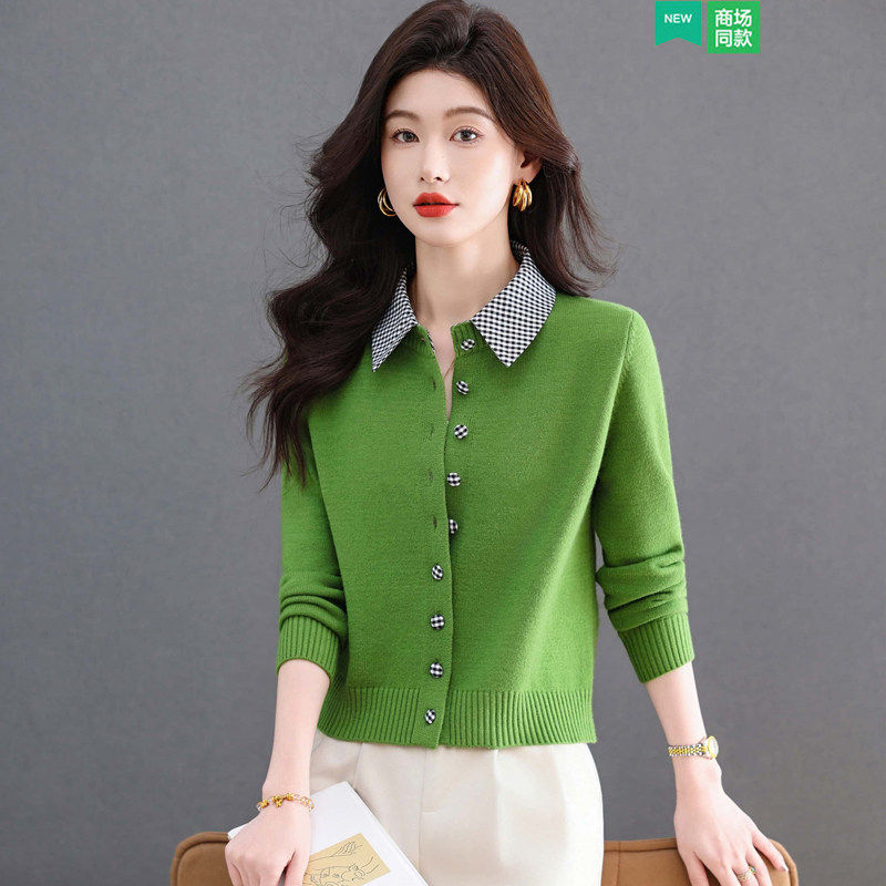 高级感翻领针织开衫女宽松春秋短款小个子外搭假两件拼色毛衣外套