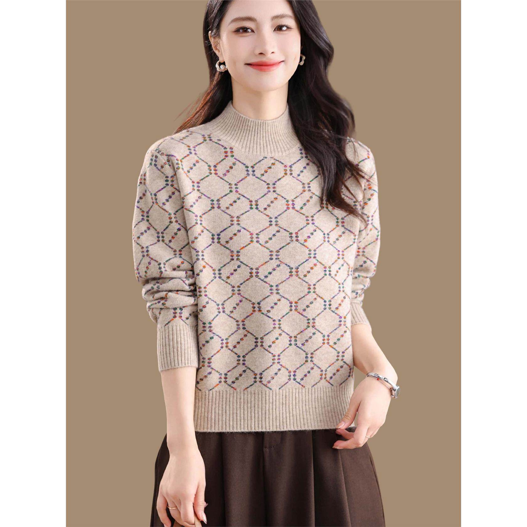 小款半高领提花毛衣女秋冬季加厚羊毛上衣百搭短款花纱针织打底衫