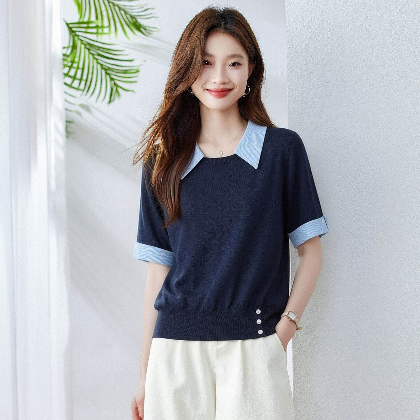 撞色假两件冰丝短袖T恤女夏季2026新款高级感针织衫时尚减龄上衣