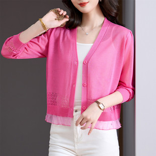 配裙子外搭披肩上衣防晒空调罩衫 女薄夏季 冰丝针织开衫 玫红色小款