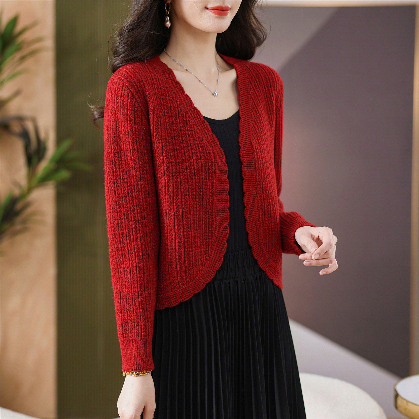 红色小款针织开衫女短款春秋2026款高腰旗袍披肩外搭上衣毛衣外套