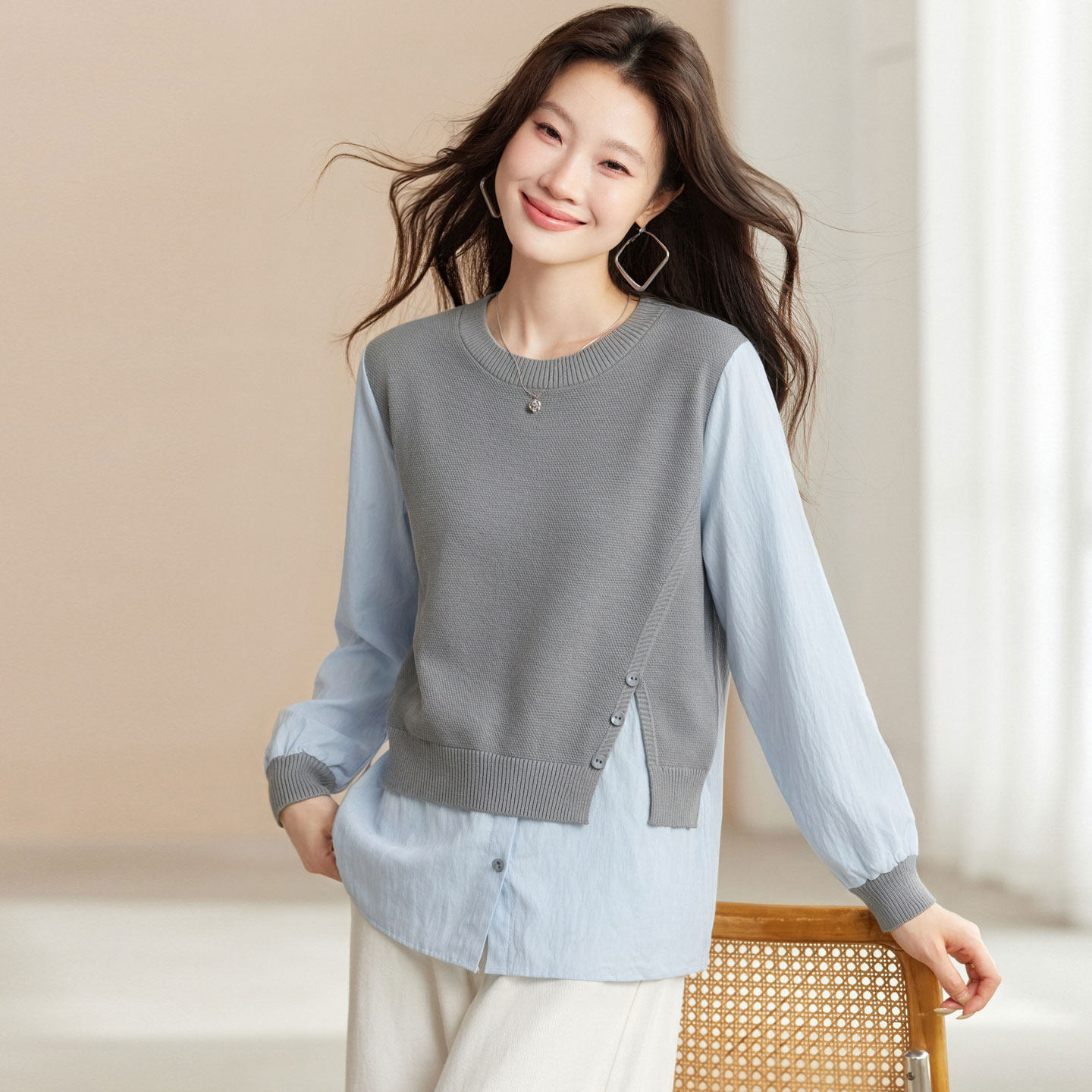 假两件衬衫拼接针织衫女