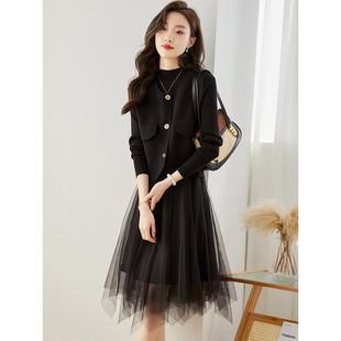 小香风针织马甲针织连衣裙女秋冬网纱拼接两件套高级减龄显瘦套装