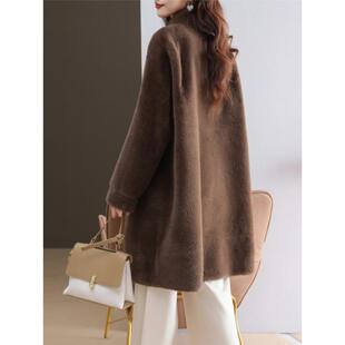 冬装彷水貂毛绒大衣加厚高级感皮毛一体中长款环保咖色皮草外套女