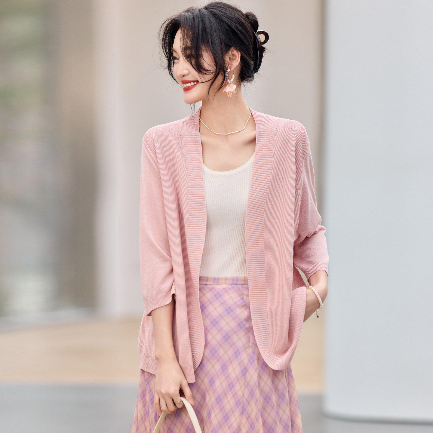 夏季薄款七分袖冰丝针织开衫女高级感空调衫外套小披肩外搭防晒衣