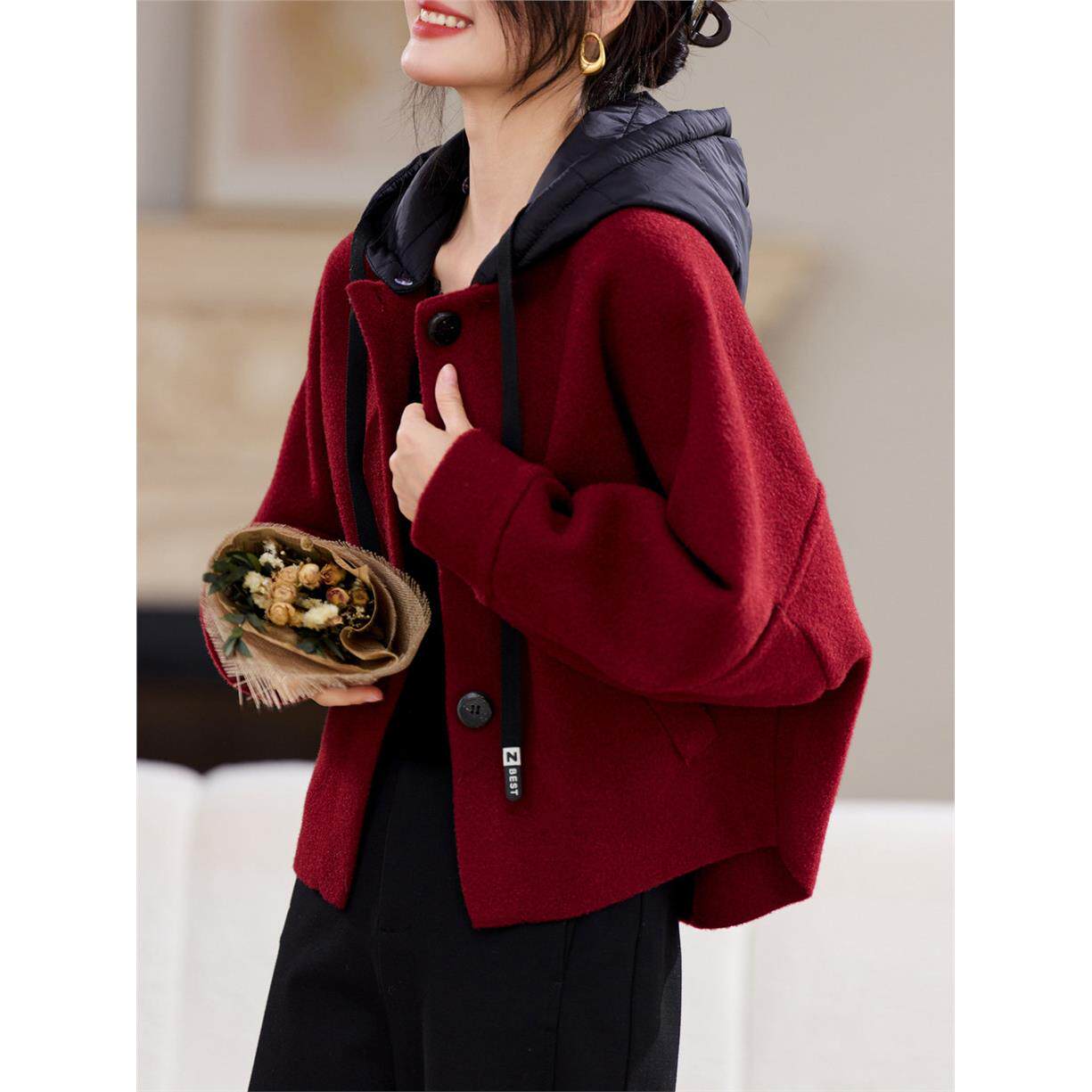 红色休闲宽松连帽卫衣外套女毛呢韩版显瘦蝙蝠袖短款开衫厚棒球服