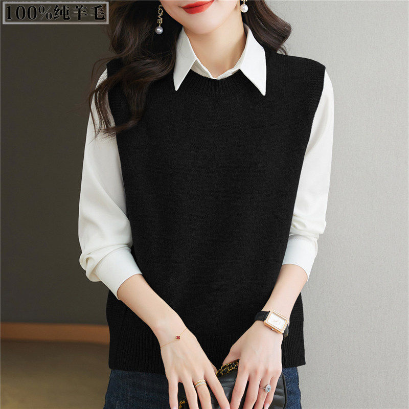 早秋黑色羊毛针织马甲女100%纯羊毛背心叠穿圆领无袖毛衣外穿薄款