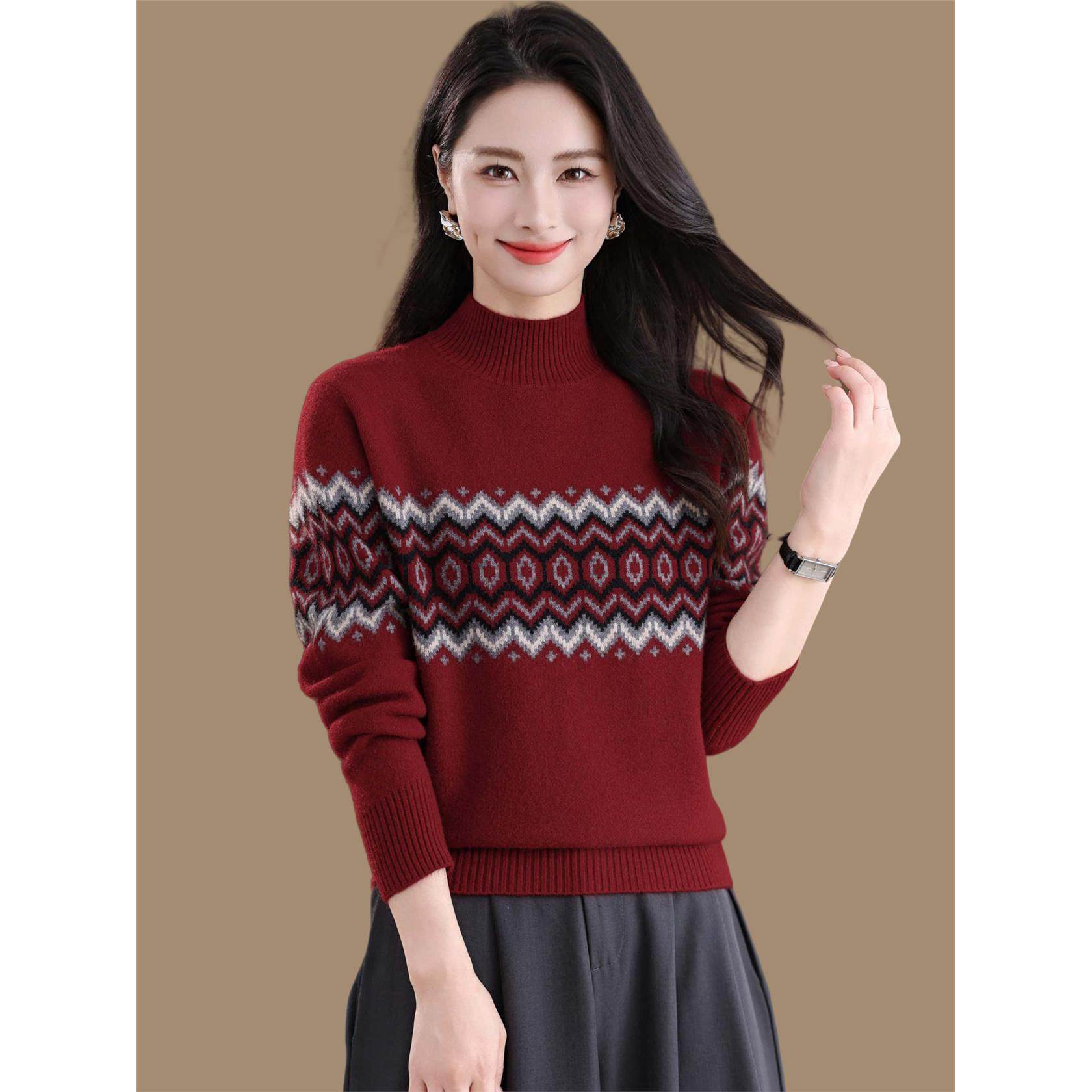 费尔岛风半高领提花毛衣女秋冬中老年洋气妈妈红色加厚针织打底衫