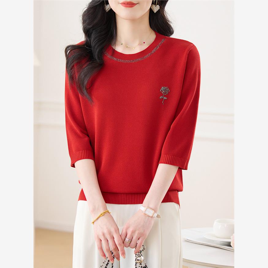 中袖女上衣七分袖t恤妈妈春装喜婆婆婚宴礼服2025新款冰丝针织衫
