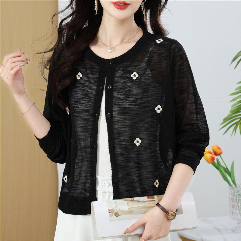 黑色蕾丝针织衫开衫女薄款小外搭披肩夏季冰丝配裙子防晒衣外套