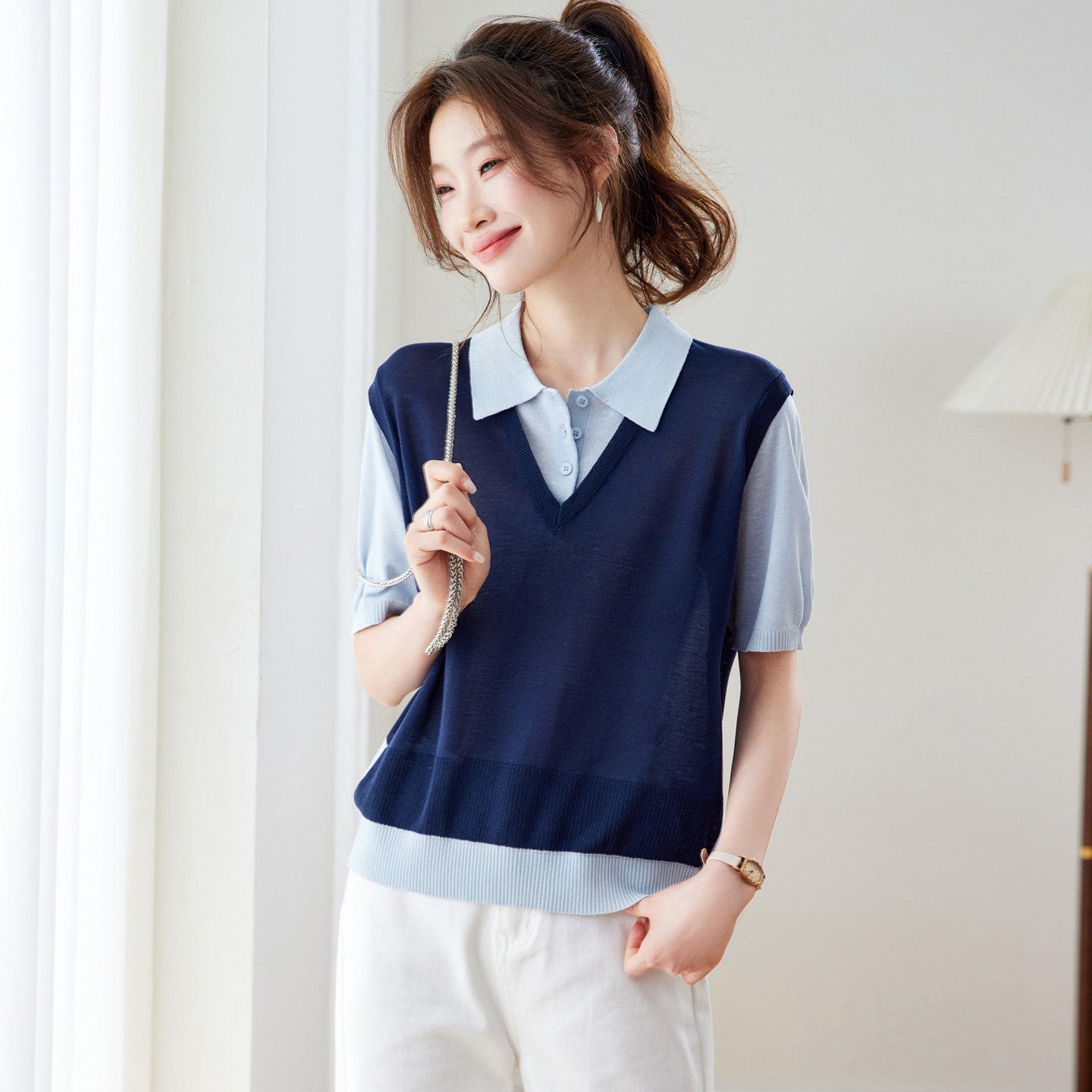 学院风撞色假两件Polo领冰丝短袖针织衫女夏薄款叠穿正肩t恤上衣