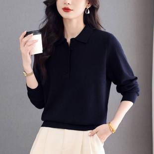 藏青色POLO领针织衫 简约优雅修身毛衣秋冬气质内搭外穿百搭上衣