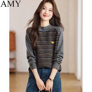 2025冬装新款经典休闲小众条纹毛衣设计感刺绣减龄打底时髦上衣女