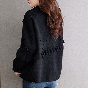 黑色呢子大衣翻领短外套2024新款秋冬女短款宽松大尺码外搭毛呢开