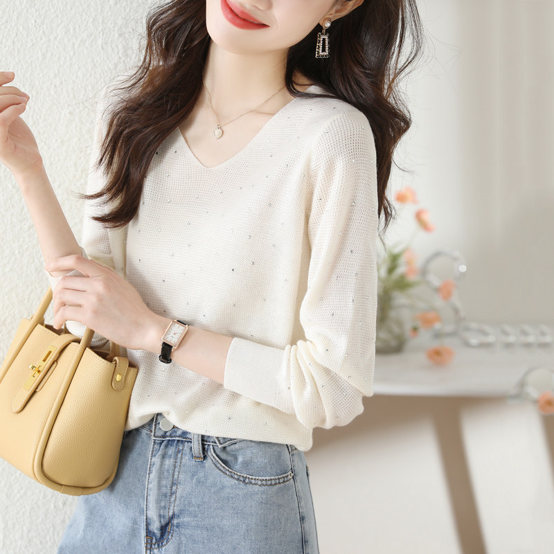 v领白色毛衣女装春秋季20