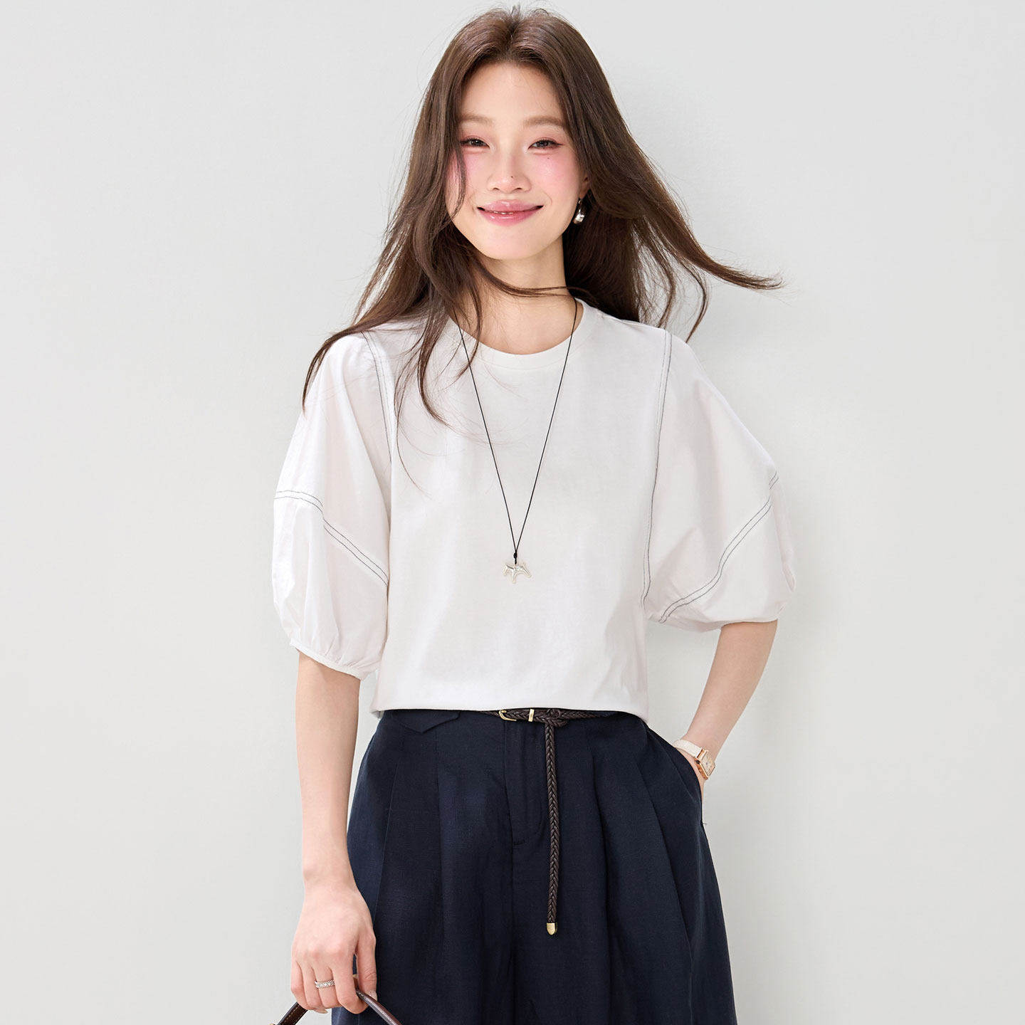 法式灯笼袖纯棉白色T恤女短袖夏季设计感宽松减龄五分袖休闲上衣