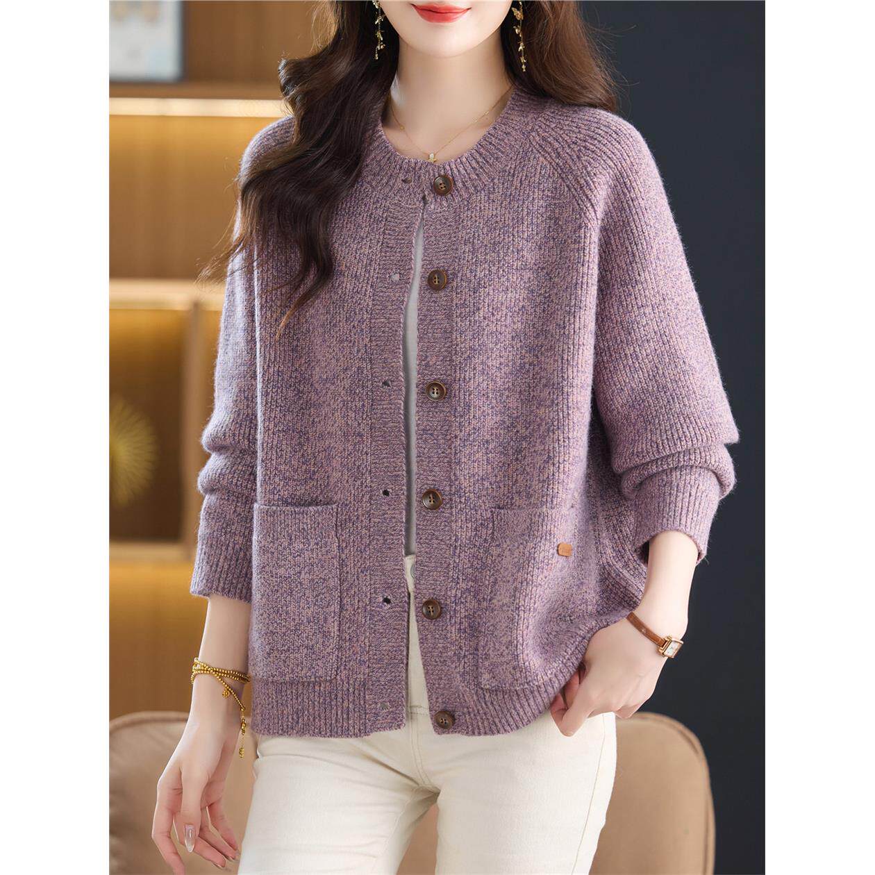 圆领毛衣外套女2025秋冬新款短款小个子加厚宽松慵懒风针织衫开衫