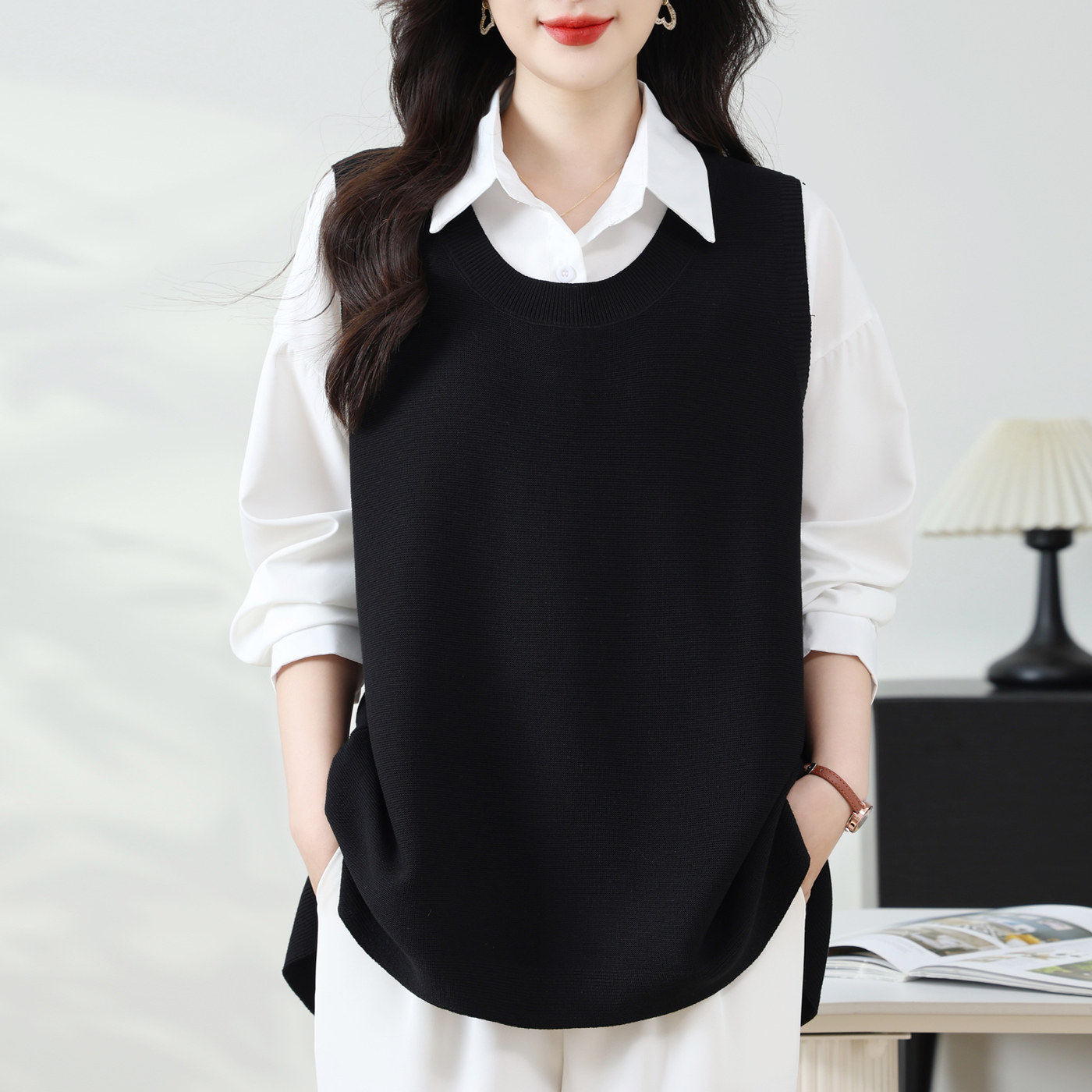 黑色无袖不规则针织背心女2025秋季圆领马甲百搭宽松叠穿毛衣坎肩