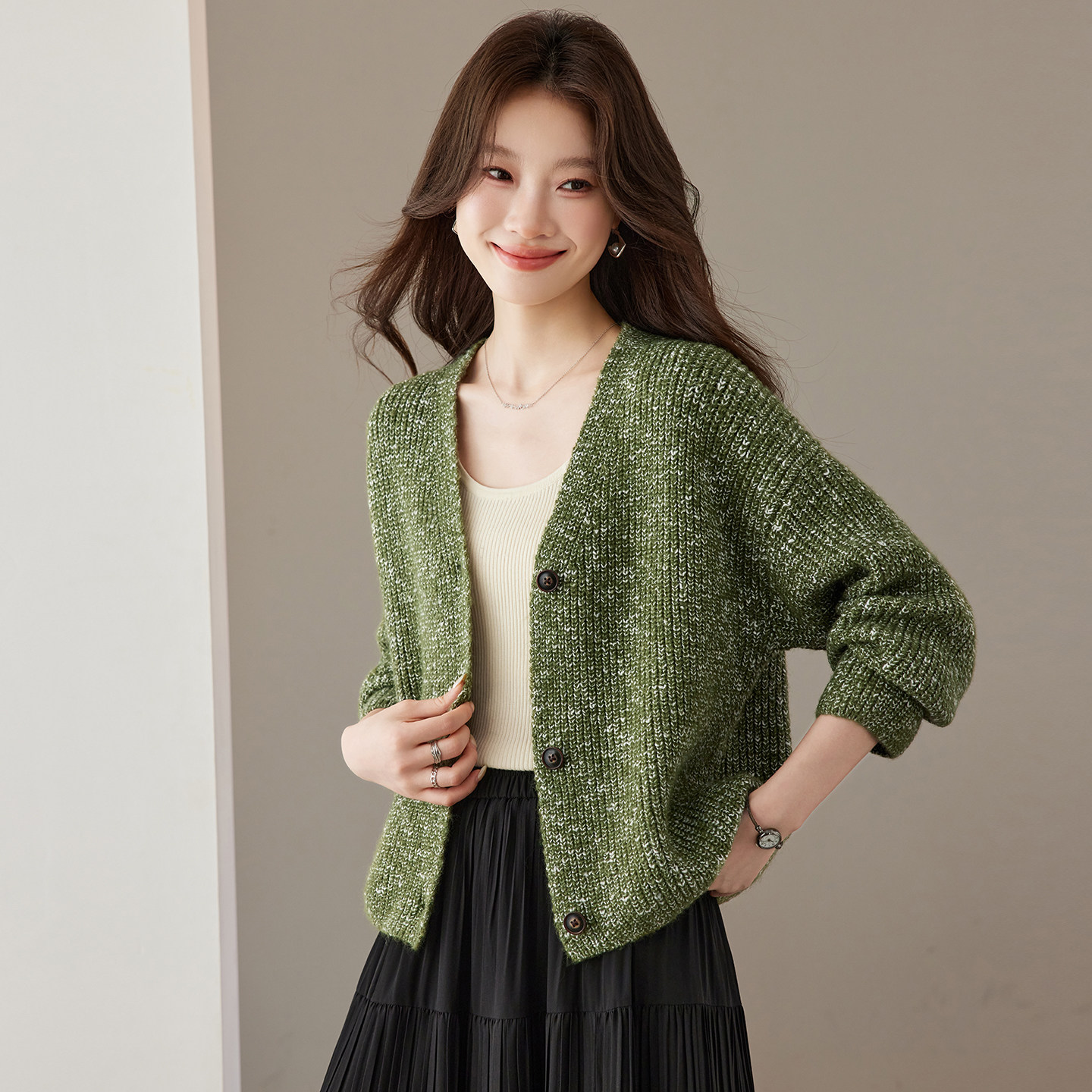 慵懒风V领针织开衫女春秋