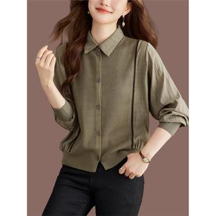 假两件拼接针织上衣女宽松大码春秋衬衫领打底短毛衣长袖冰丝衬衣