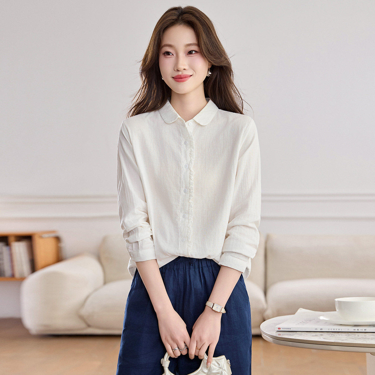 纯棉白色衬衫女正肩休闲