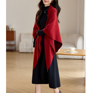 秋冬披肩婚礼妈妈配旗袍外搭春秋高端红色羊毛结婚礼服斗篷小外套