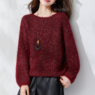 红色亮闪闪慵懒风亮片毛衣女2026春秋冬款软糯针织上衣宽松打底衫