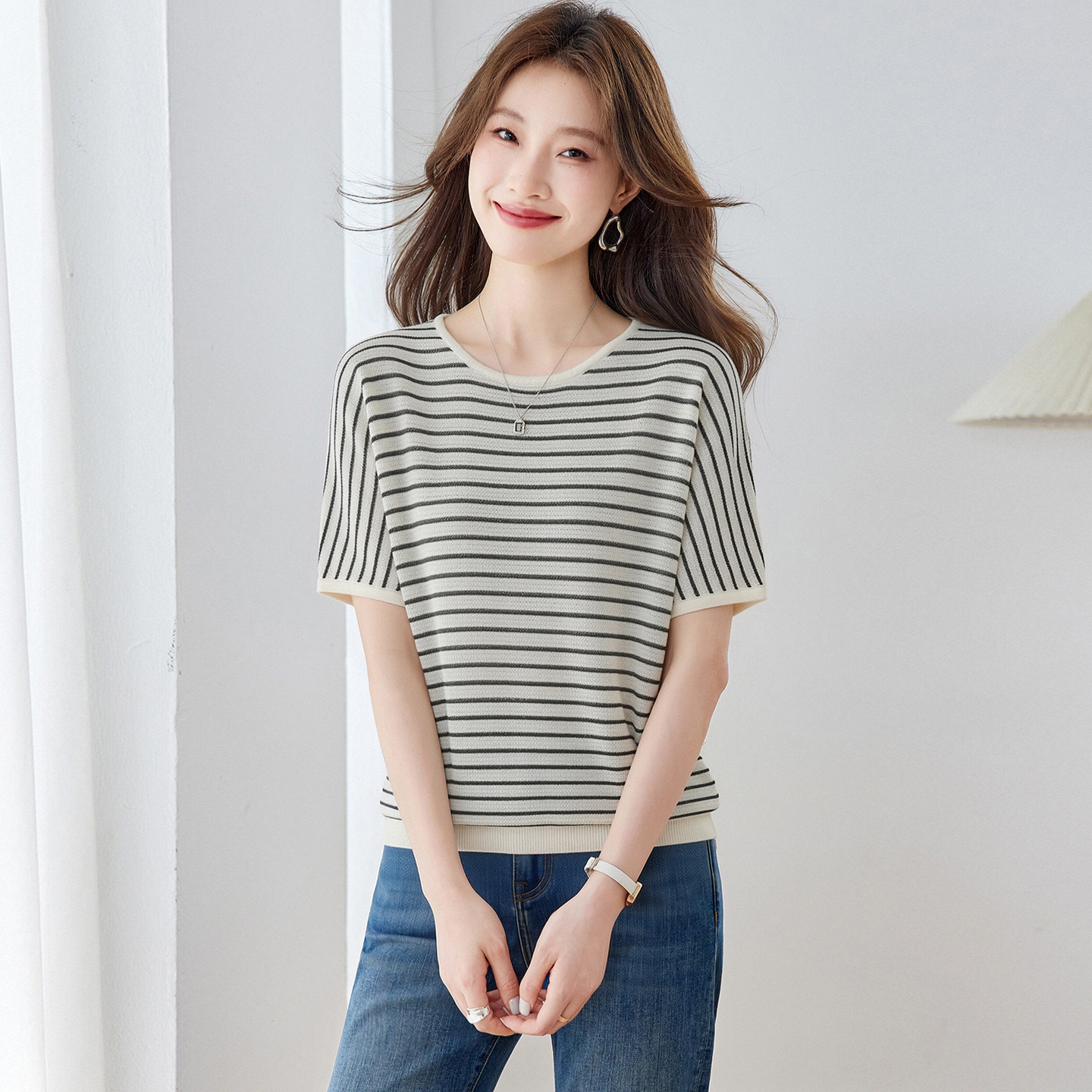 冰丝条纹针织短袖T恤女夏