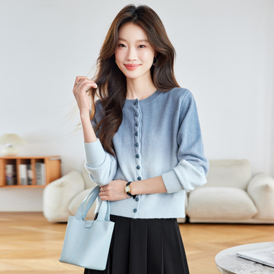 渐变色针织开衫外套女早春秋季2025新款宽松软糯毛衣慵懒风短上衣