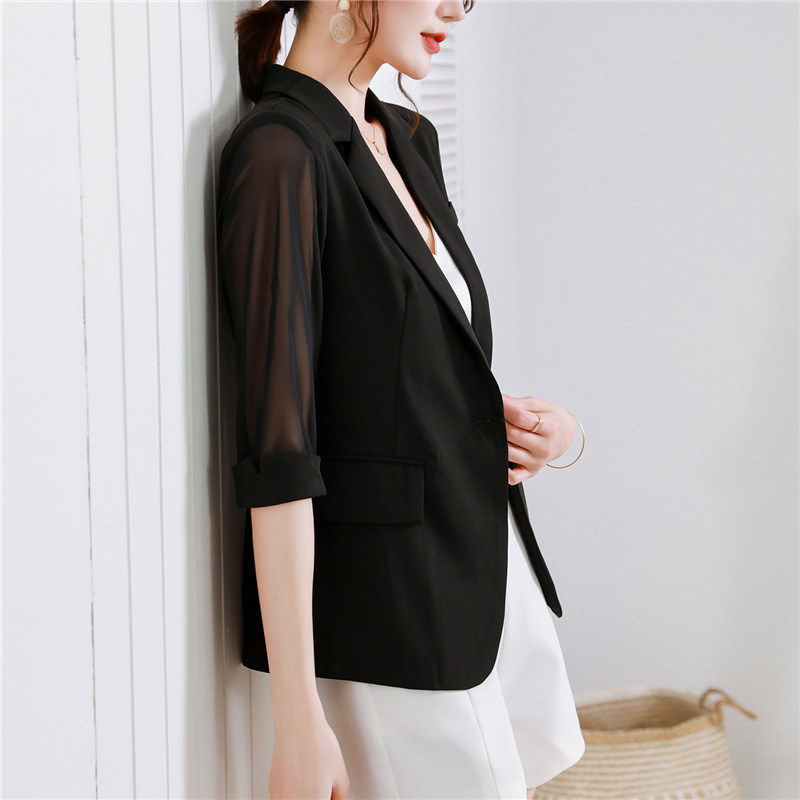 黑色气质夏装短外套女薄款小西装雪纺上衣半袖开衫中袖小披肩外搭