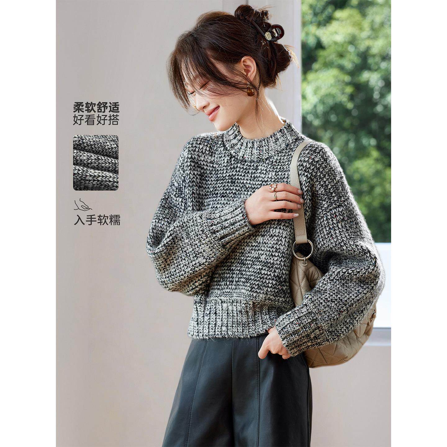2025新款秋冬巨好看的加厚粗线棒针毛衣女短款高腰单穿针织衫上衣