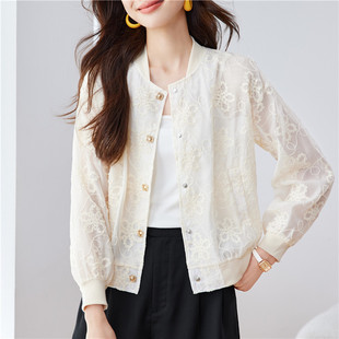 防晒衣夹克开衫 高级感蕾丝雪纺棒球服外套女短款 薄款 2025新款 夏季